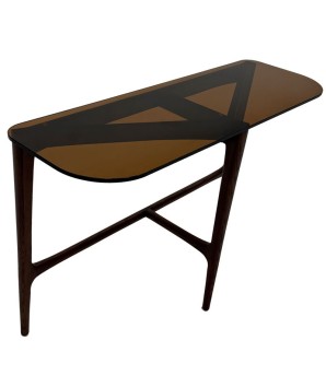 console mid century SYMPHONIE 3 pieds fuseaux verre sépia vue 3/4
