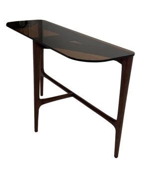 console mid century SYMPHONIE 3 pieds fuseaux verre sépia vue 3/4