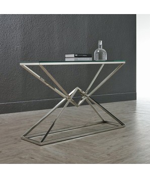 Console LOUXOR structure pyramidale chromée plateau verre design art déco hollywood regency