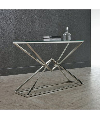 Console LOUXOR structure pyramidale chromée plateau verre design art déco hollywood regency