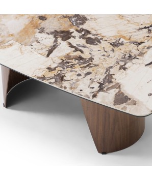 table basse design Mid Century CLEA zoom pied métal noyer céramique patagonia vue haute 3/4