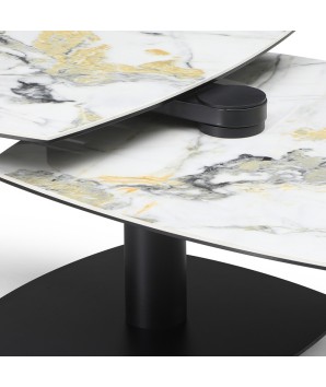 Table basse TONGA plateau pivotant céramique cold jade modulaire pied métal détail mécanisme