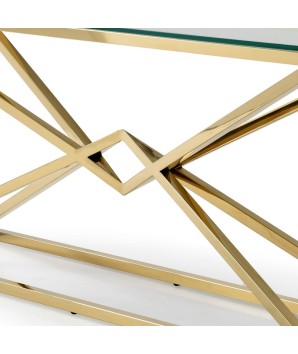 Console LOUXOR détail structure pyramidale dorée plateau verre design art déco hollywood regency