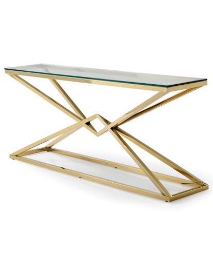 Console LOUXOR structure pyramidale dorée plateau verre design art déco hollywood regency