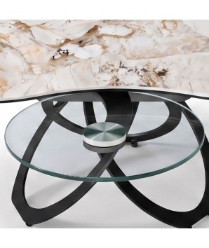 Table basse TREFLE 3 plateaux pivotants céramique Patagonia detail plateau verre