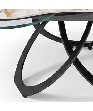Table basse TREFLE 3 plateaux pivotants céramique Patagonia detail plateau verre pivotant fermé