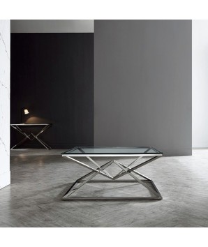table basse LOUXOR structure pyramidale chromée plateau verre design art déco hollywood regency