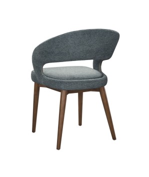 chaise de repas Mid Century moderne EVA bois tissu bleu vue dos 3/4