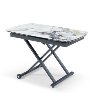 Table relevable MOOVIE plateau extensible céramique cold jade pied x roulettes noir haute