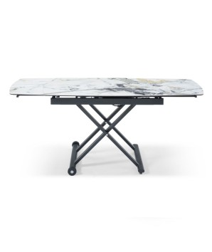 Table relevable MOOVIE plateau extensible céramique cold jade pied x roulettes noir ouverte