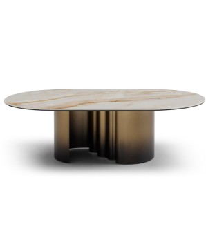 Table basse ONDE néo art déco pied bronze cannelé plateau céramique Wave ambre vue face