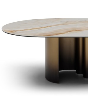 table basse ONDE pied bronze cannelé zoom plateau céramique pierre wave
