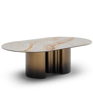 Table Basse ONDE Art Déco - Céramique Wave & Pied Bronze Cannelé