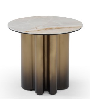 Bout de canape ONDE néo art déco pied bronze cannelé plateau céramique Wave ambre vue face