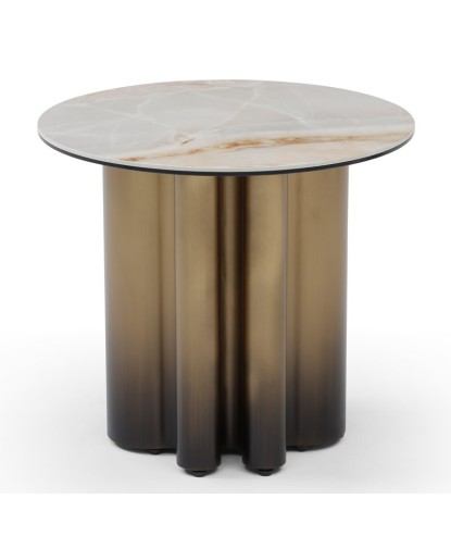 Bout de canape ONDE néo art déco pied bronze cannelé plateau céramique Wave ambre vue face