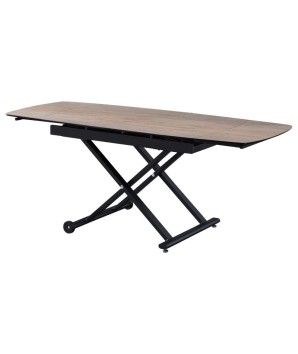 Table relevable MOOVIE plateau extensible céramique wood clair pied x roulettes noir ouverte vue 3_4