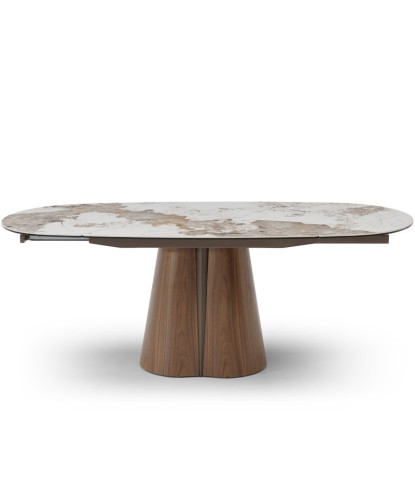 Table a manger LOLA 10 personnes extensible plateau céramique Pandora piètement totem Noyer vue face