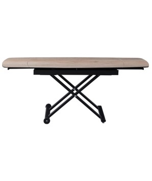 Table relevable MOOVIE plateau extensible céramique wood clair pied x roulettes noir haute ouverte