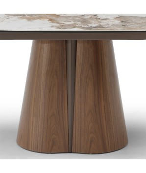 Table a manger LOLA 10 personnes extensible plateau céramique Pandora détail piètement totem Noyer