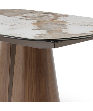 Table salle a manger LOLA 10 personnes extensible plateau céramique Pandora ferme piètement totem Noyer