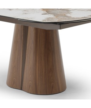 Table a manger LOLA 10 personnes extensible détail plateau céramique Pandora ferme piètement totem Noyer