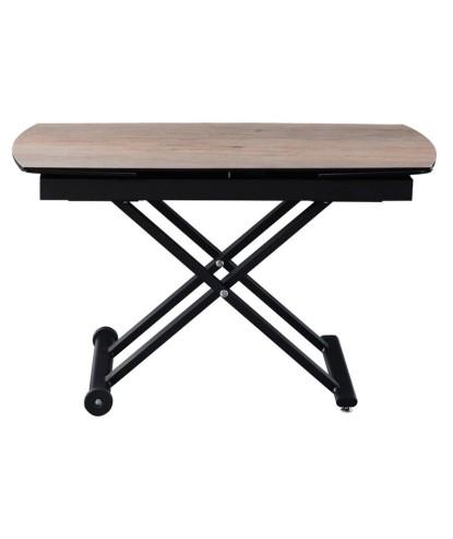Table relevable MOOVIE plateau extensible céramique wood clair pied x roulettes noir haute fermée