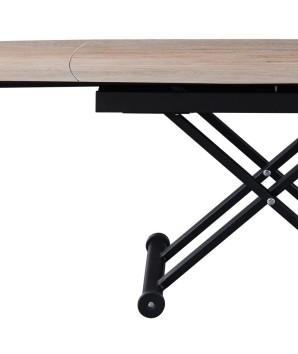 Table relevable MOOVIE détail plateau extensible céramique wood clair pied x roulettes noir