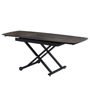 Table relevable MOOVIE plateau extensible céramique shadow pied x roulettes noir haute ouverte vue 3/4