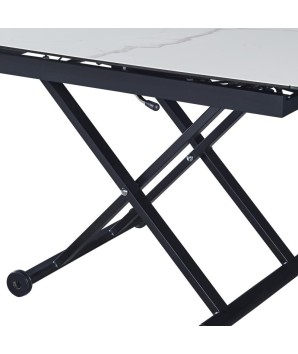 Table relevable MOOVIE plateau extensible céramique arabescato détail pied x roulettes noir mécanisme