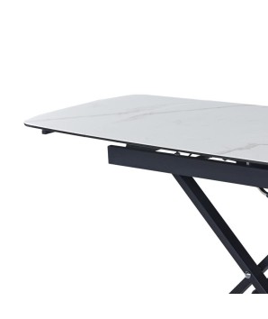 Table relevable MOOVIE détail rallonge plateau extensible céramique arabescato pied x roulettes noir