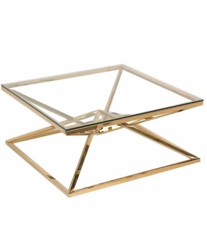 Table basse LOUXOR structure pyramidale dorée plateau verre design art déco hollywood regency vue haute