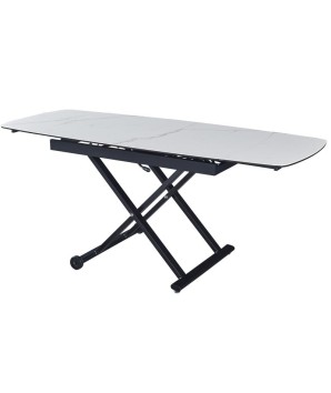 Table relevable MOOVIE plateau extensible céramique arabescato pied x roulettes noir haute ouverte vue 3/4