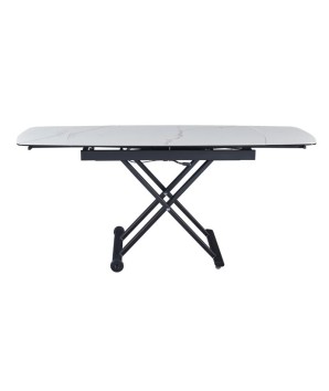 Table relevable MOOVIE plateau extensible céramique arabescato pied x roulettes noir haute ouverte vue face