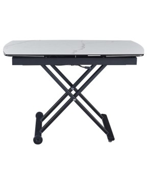 Table relevable MOOVIE plateau extensible céramique arabescato pied x roulettes noir haute fermée