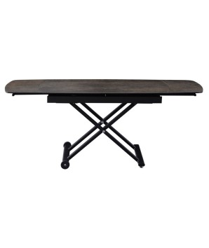 Table relevable MOOVIE plateau extensible céramique acier corten pied x roulettes noir haute ouverte