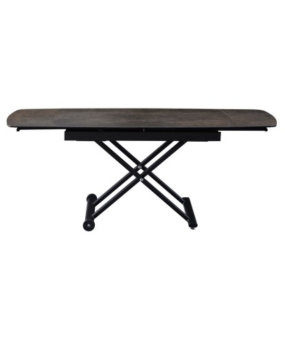 Table relevable MOOVIE plateau extensible céramique acier corten pied x roulettes noir haute ouverte
