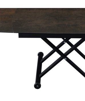Table relevable MOOVIE détail plateau extensible céramique acier corten pied x roulettes noir