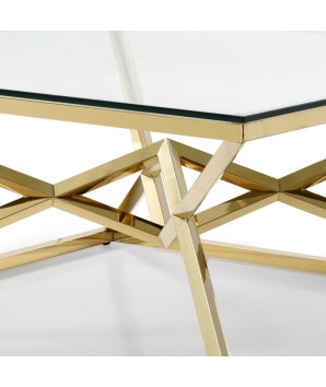 Table basse LOUXOR détail structure pyramidale dorée plateau verre design art déco hollywood regency