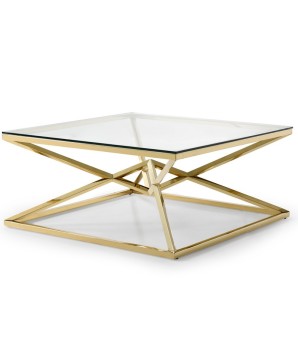 Table basse LOUXOR structure pyramidale dorée plateau verre design art déco hollywood regency