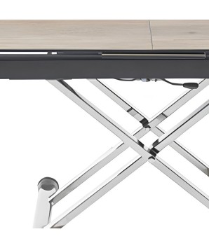 Table basse repas JUMPY relevable plateau céramique wood détail pied inox x minimalisme industriel modulable