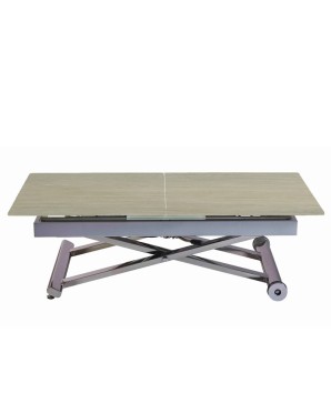 Table basse repas JUMPY relevable basse plateau céramique wood clair pied inox x minimalisme industriel modulable
