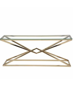 Console LOUXOR structure pyramidale dorée plateau verre design art déco hollywood regency vue haute