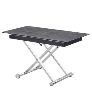Table basse repas JUMPY haute ouverte relevable plateau céramique acier corten pied inox x minimalisme industriel modulable