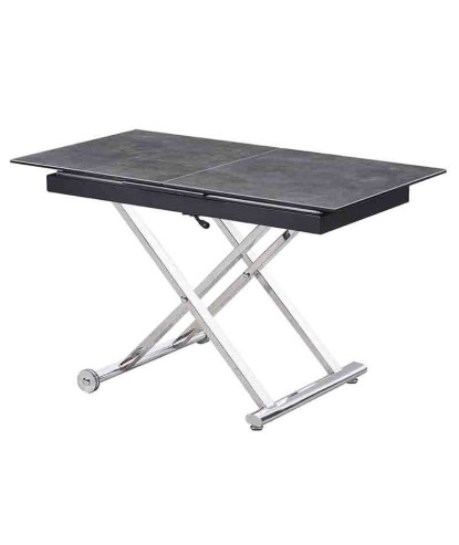 Table basse repas JUMPY haute ouverte relevable plateau céramique acier corten pied inox x minimalisme industriel modulable