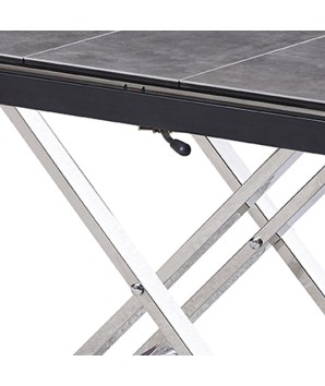 Table basse repas JUMPY relevable détail plateau céramique acier corten pied inox x minimalisme industriel modulable