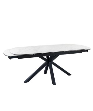 Table repas ELISA plateau céramique Arabescato extensible 12 personnes pieds croises design luxe minimaliste vue 3/4