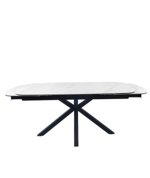 Table repas ELISA plateau céramique Arabescato extensible 12 personnes semi ouverte pieds croises design luxe minimaliste