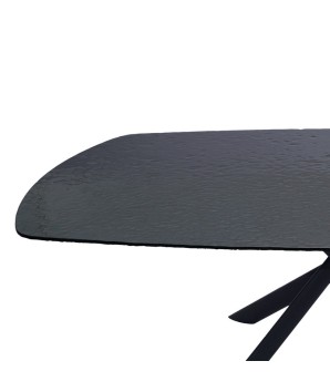 table repas LIVIA détail rallonge extensible 8 10 personnes plateau verre noir martelé pied métal design luxe minimaliste