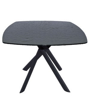 table repas LIVIA extensible 8 10 personnes plateau verre noir martelé pied métal design luxe minimaliste vue cote