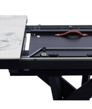 table repas ELVIRA plateau céramique jade blanche luxe 6 8 personnes pied design sculptural extensible détail système rallonges